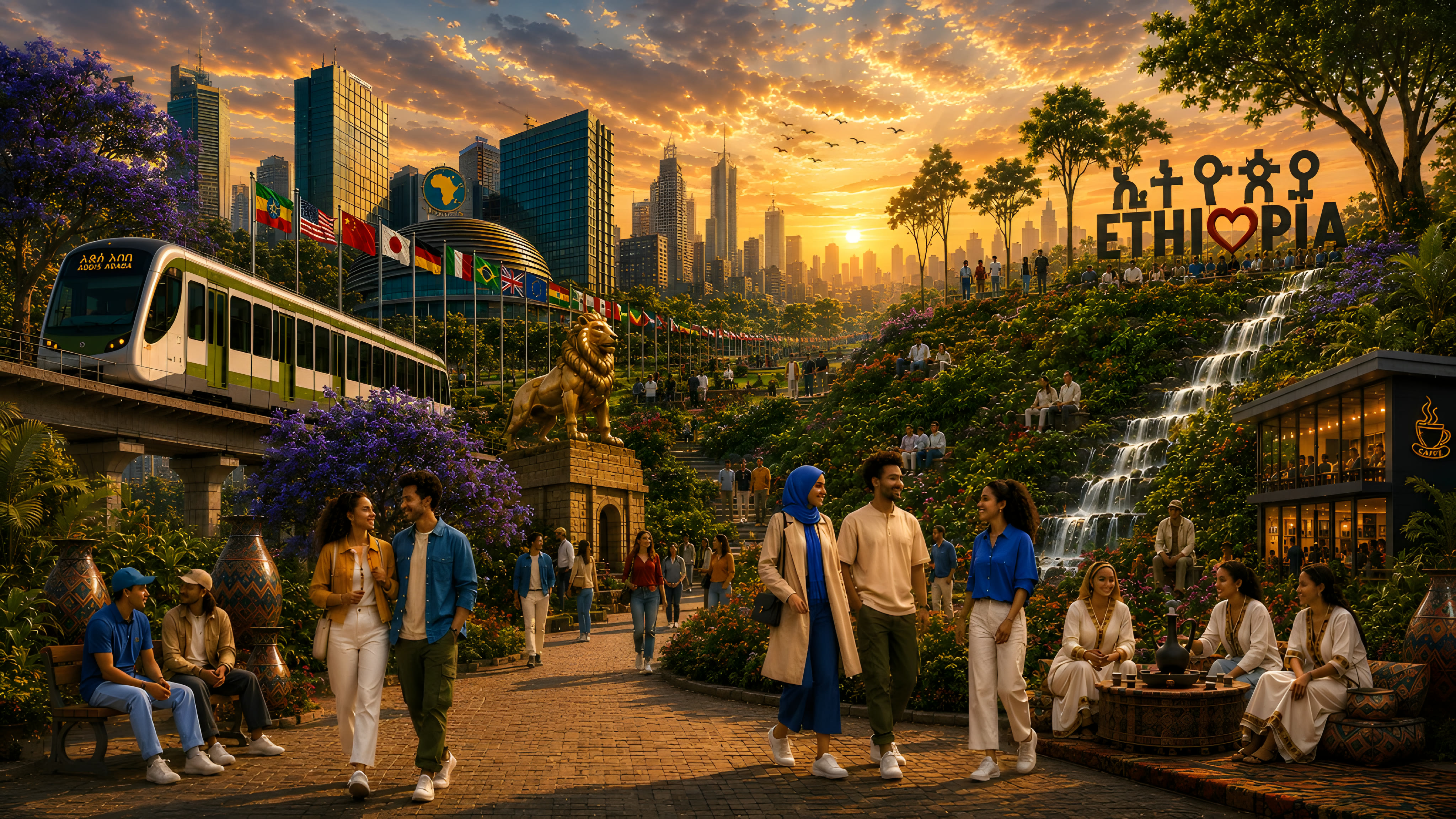 Illustrated Addis Ababa at sunset — city, culture, and community